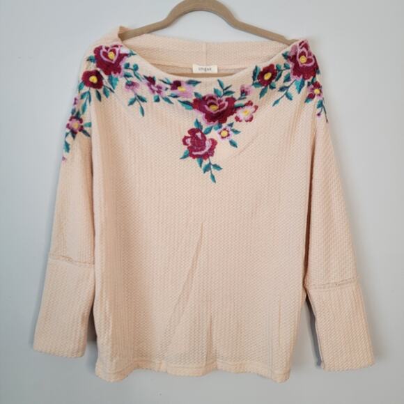 Umgee Tops - Umgee Floral Embroidered Waffle Knit Tan Top NEW Size M Cottage Artsy Feminine
